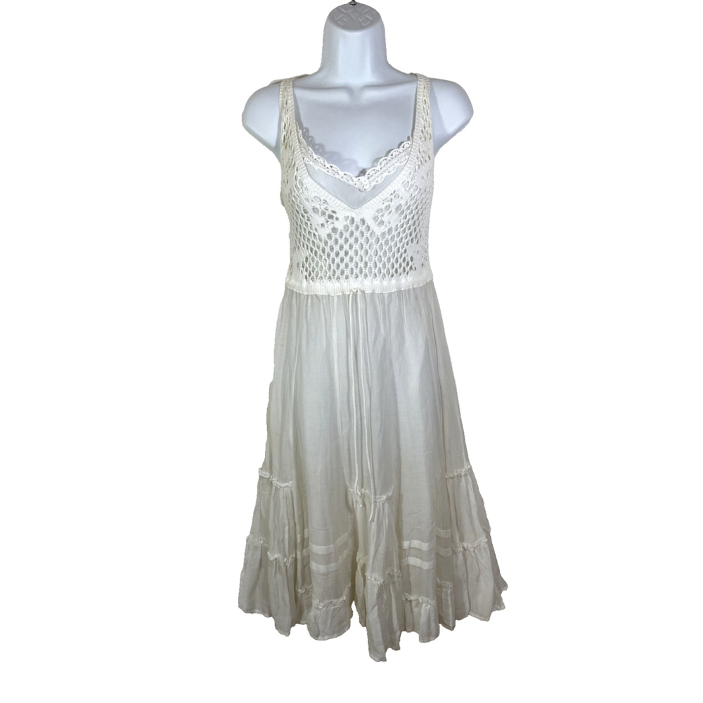 D. Exterior White Crochet Bodice Drawstring Ruffle Boho Midi Dress w/Slip Sz M